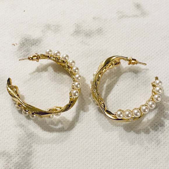 Pearl Gold Crossed Hoop Earrings - Picture 3 of 3